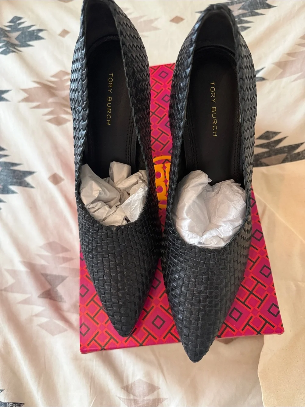 Tory Burch Black Woven Pointed-Toe Stiletto Heels